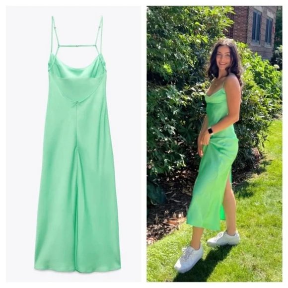ZARA Mint Green Satin Effect Open Back Midi Maxi Dress $59.90 - Picture 11 of 17